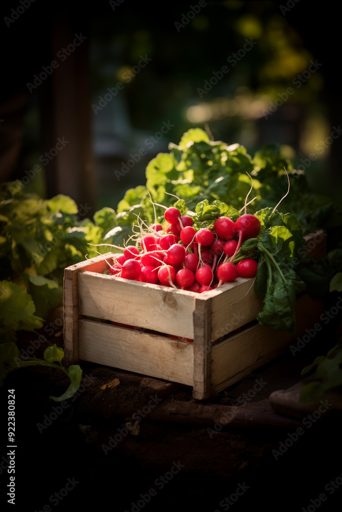 fresh radish in wooden crate in evening garden, Generative AI