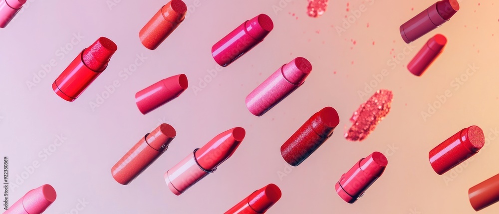 A Scattered Arrangement of Lipsticks Against a Peach-Colored Background A Scattered Arrangement of Lipsticks Against a Peach-Colored Background