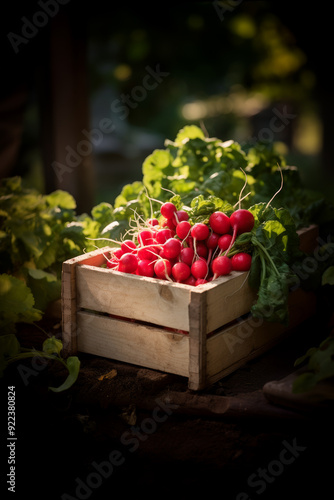fresh radish in wooden crate in evening garden, Generative AI
