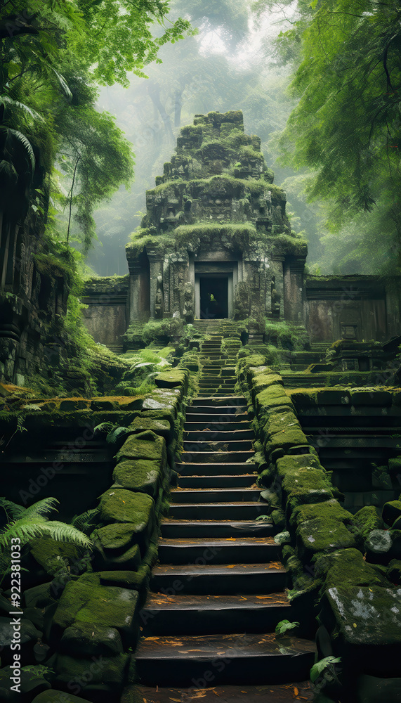 Moss-Covered Temple Ruins Hidden in a Lush Forest Creating a Mystical Atmosphere