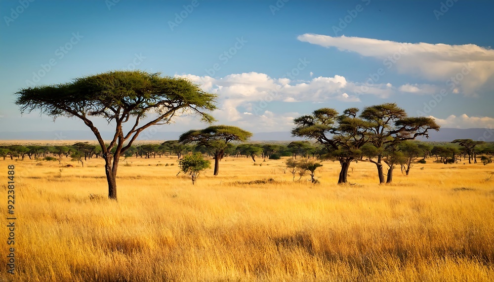 A solitary acacia tree stands in the vast savannah under a bright sky with scattered A solitary acacia tree stands in the vast savannah under a bright sky with scattered