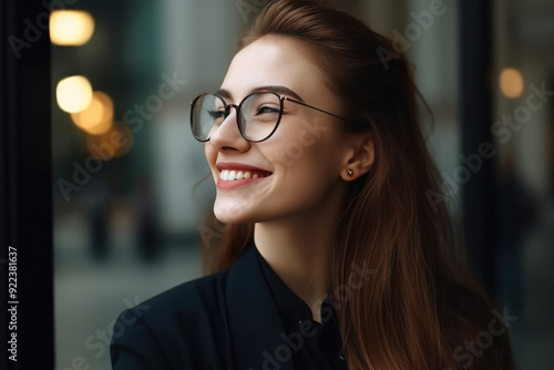 generated illustration of portrait of a young smart caucasian woman female student teenager wearing glasses.