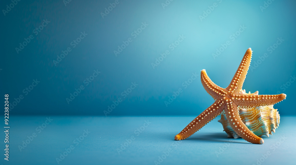 Minimal vacation banner with empty copy space. Starfish standing on blue surface with gradient background Minimal vacation banner with empty copy space. Starfish standing on blue surface with gradient background