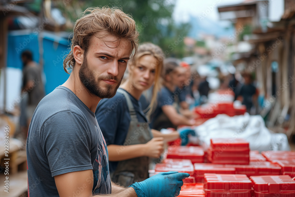 Naklejka premium A group of volunteers helping a community affected by a natural disaster by providing temporary shelter and supplies