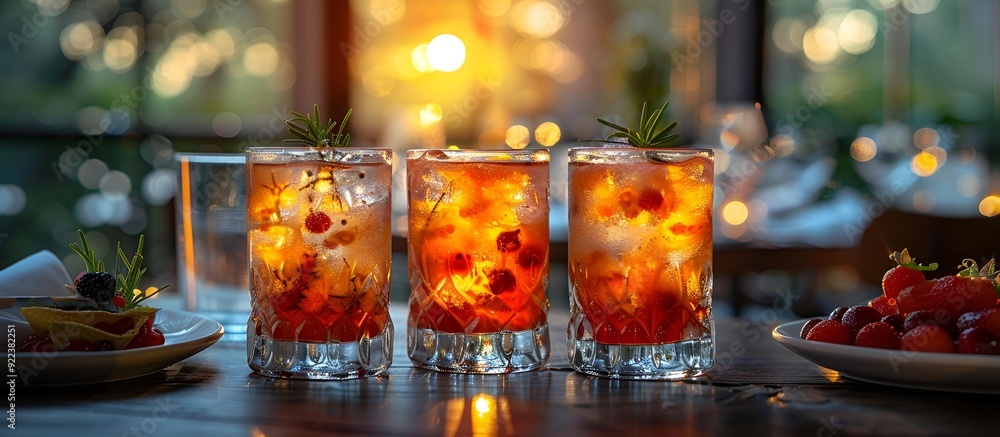 A table displays three vibrant glasses of beverages, each garnished with fruit. A table displays three vibrant glasses of beverages, each garnished with fruit.