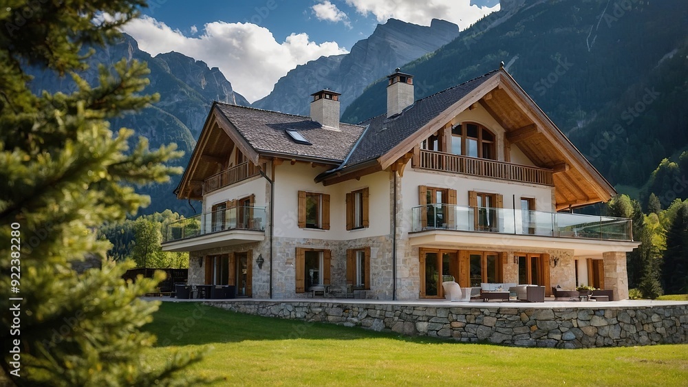 A rustic mountain retreat under a clear blue sky surrounded by majestic snow-capped peaks A rustic mountain retreat under a clear blue sky surrounded by majestic snow-capped peaks