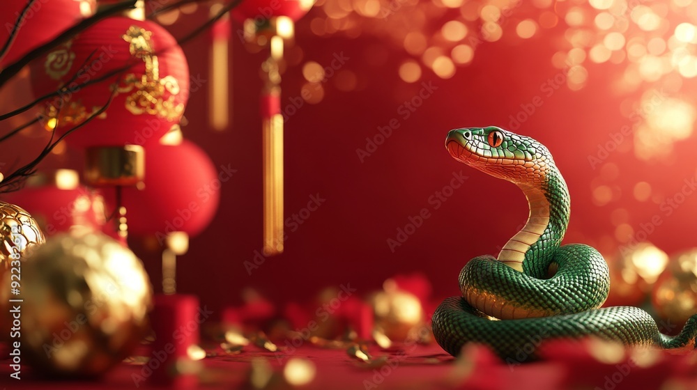 Green snake looking up celebrating chinese new year with red lanterns and gold decorations Green snake looking up celebrating chinese new year with red lanterns and gold decorations