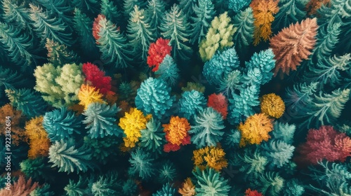 Aerial view of a dense forest in autumn, vibrant fall colors, realistic, 8K, UHD