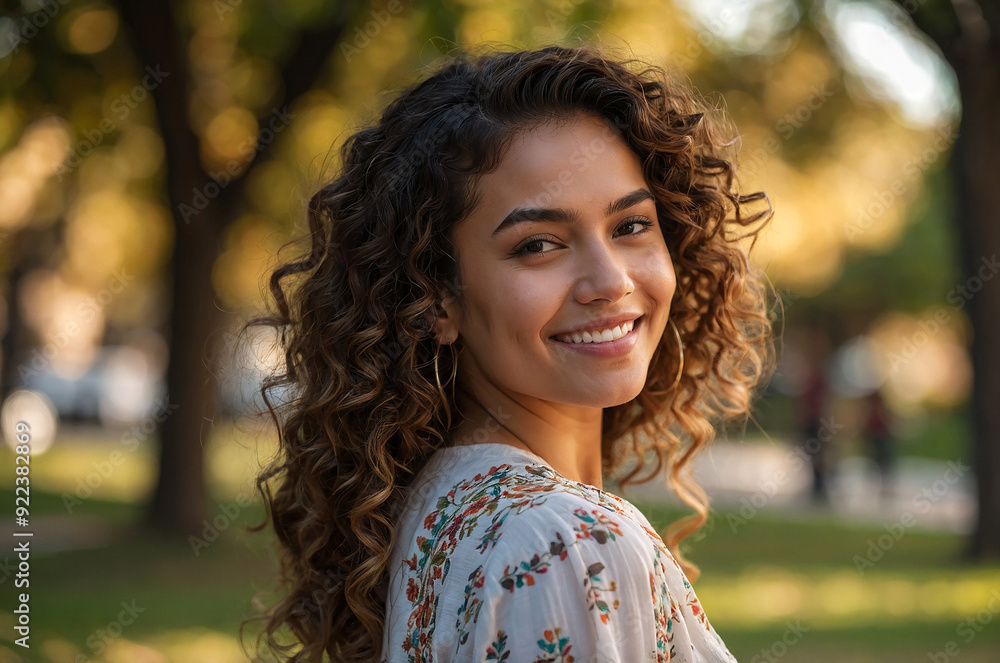 Portrait of beautiful young curly Mexican woman with radiant healthy skin with a friendly smile in the park Portrait of beautiful young curly Mexican woman with radiant healthy skin with a friendly smile in the park