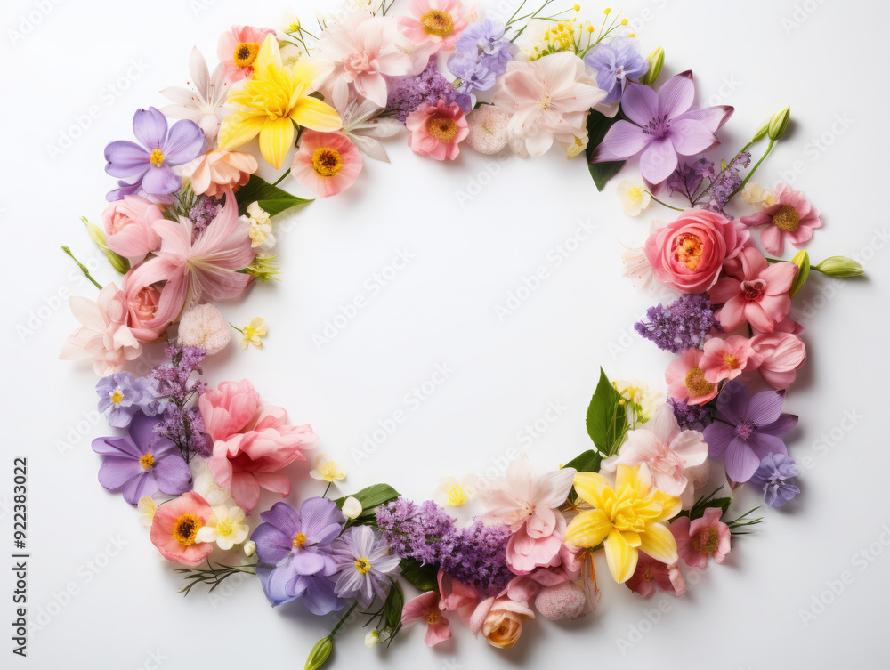 Bright Circle of fresh flowers on white background. top view, copy space for text Bright Circle of fresh flowers on white background. top view, copy space for text