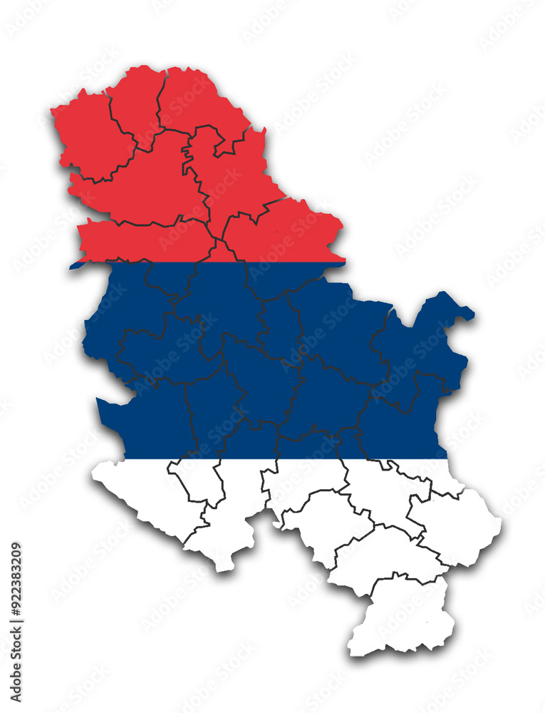 Naklejka premium SERBIA MAP WITH ITS DISTRICTS AND POLITICAL ADMINISTRATIVE DIVISIONS WITH FLAG