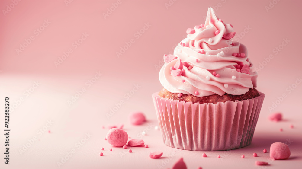 Pink cupcake with swirled frosting and sprinkles on a pastel background Pink cupcake with swirled frosting and sprinkles on a pastel background