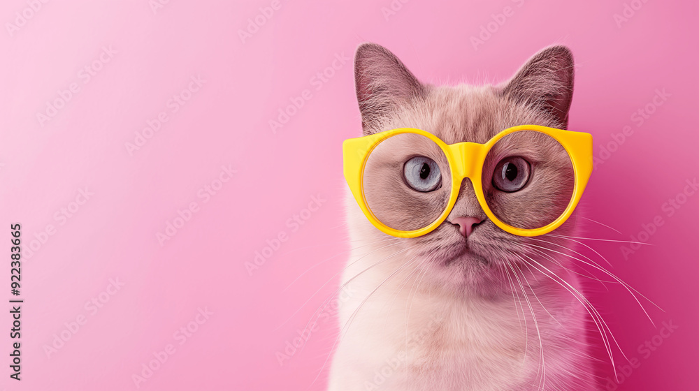 Banner with Cute cat wearing yellow glasses against a pink background. Copy space Banner with Cute cat wearing yellow glasses against a pink background. Copy space