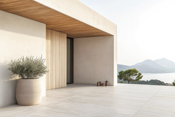 Outdoors minimalist terrace in a luxury villa with chic decoration and neutral tones. Exclusive residential Real Estate exteriors.