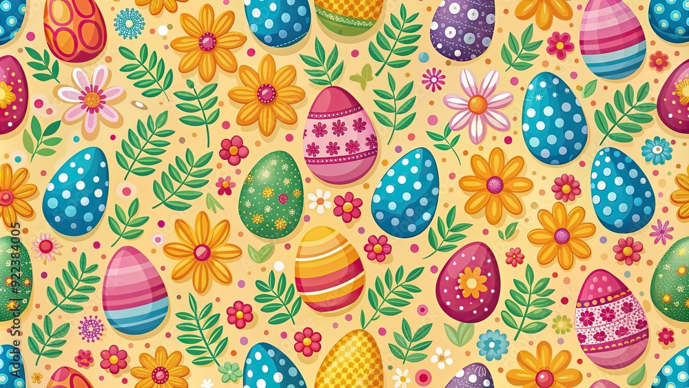Seamless Easter pattern with colorful eggs and flowers, ideal for spring wallpaper or fabric, Easter, seamless, pattern