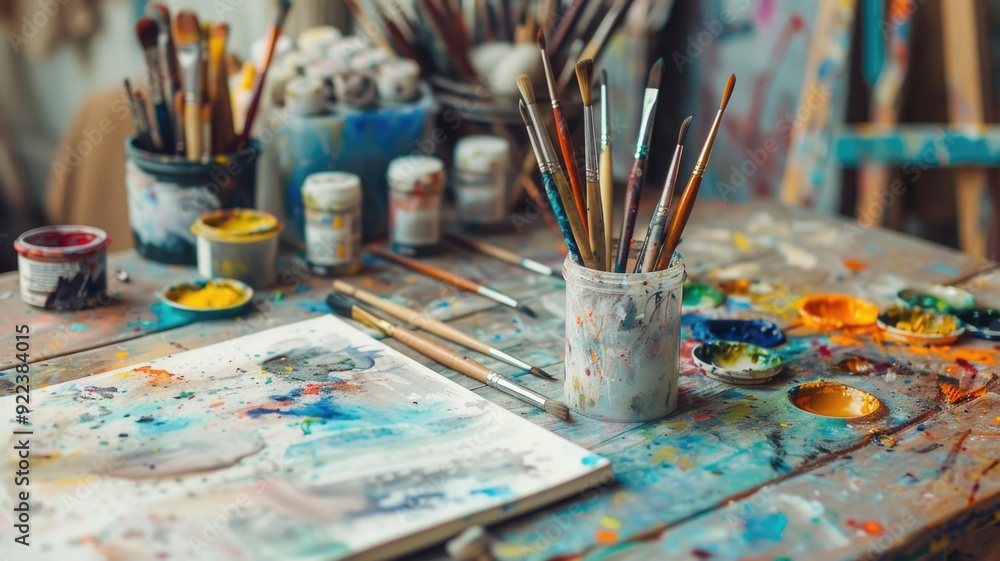 An artistic setup with paintbrushes, watercolors, and sketchpads on a table An artistic setup with paintbrushes, watercolors, and sketchpads on a table