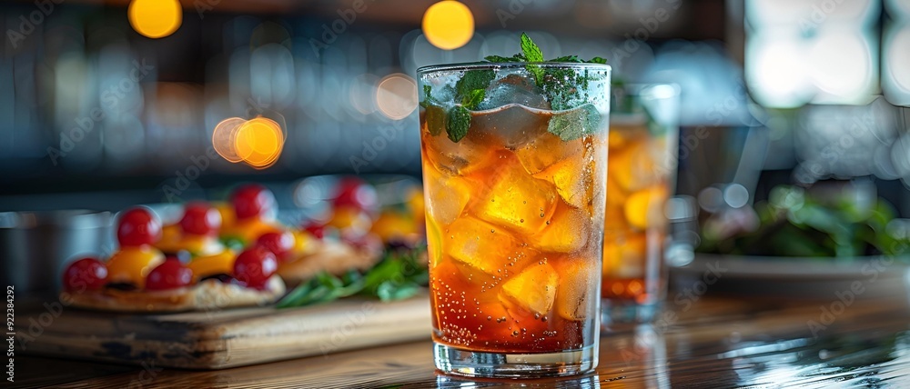 A refreshing glass of iced tea is placed on a rustic wooden table. A refreshing glass of iced tea is placed on a rustic wooden table.