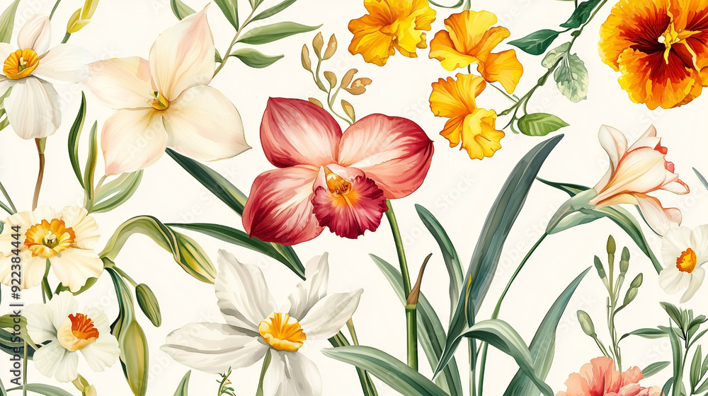 Fototapeta premium A vibrant and intricately detailed flower pattern design, featuring a harmonious blend of natural elements.