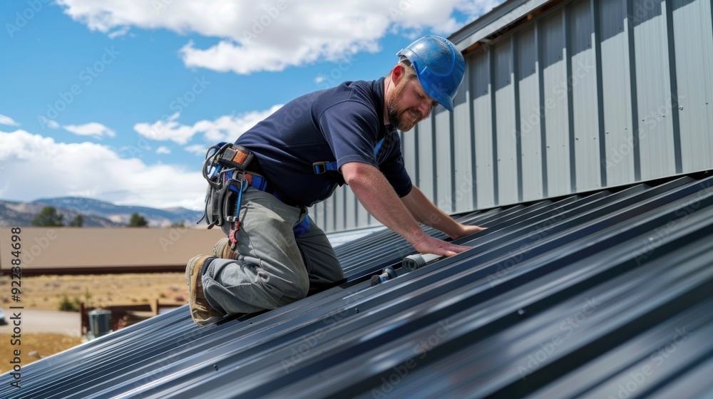 Technician working on a metal roof, securing panels on a residential property Technician working on a metal roof, securing panels on a residential property