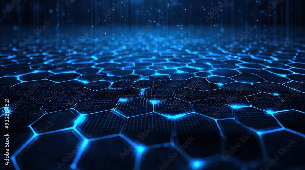 Obraz premium Blue technology background with hexagon grid, digital network and connection concept for banner design vector Illustration on dark blue blackgroud