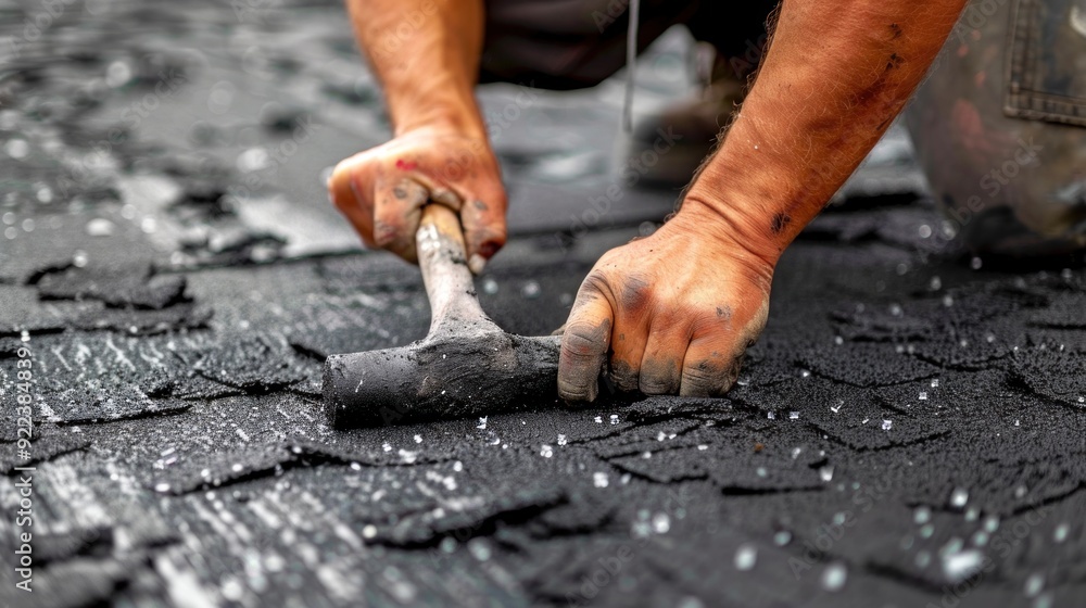 Technician securing bitumen roof shingles with a hammer on a roofing project Technician securing bitumen roof shingles with a hammer on a roofing project