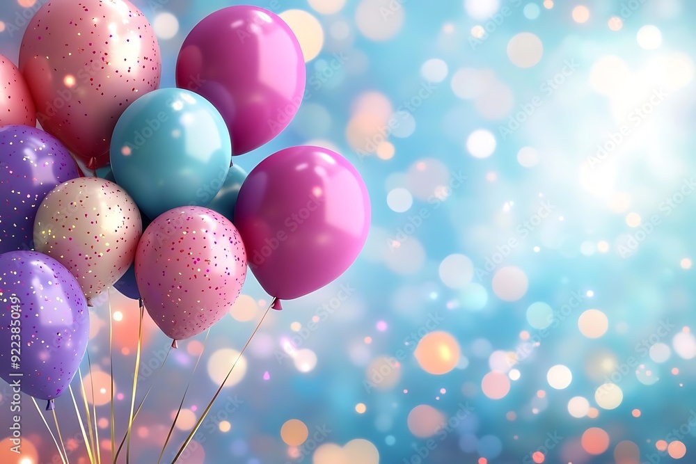 Colorful Balloons with Confetti and Bokeh Background - 3D Illustration Colorful Balloons with Confetti and Bokeh Background - 3D Illustration