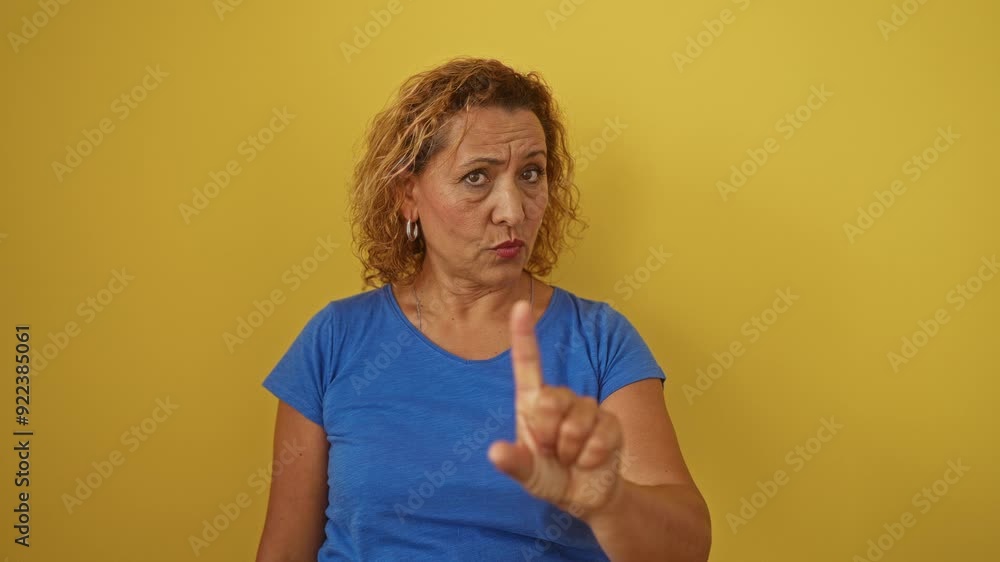 Woman in blue t-shirt standing, pointing finger up in anger - middle age hispanic woman showing no gesture with serious expression over isolated yellow background Woman in blue t-shirt standing, pointing finger up in anger - middle age hispanic woman showing no gesture with serious expression over isolated yellow background
