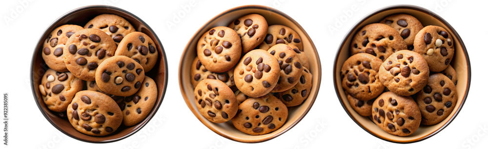 Dark chocolate chip cookies on bowl, top view Dark chocolate chip cookies on bowl, top view