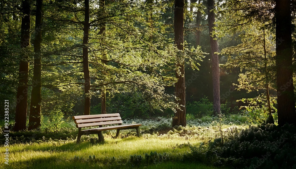 Empty wooden bench in a park surrounded by trees and grass, perfect for relax Empty wooden bench in a park surrounded by trees and grass, perfect for relax