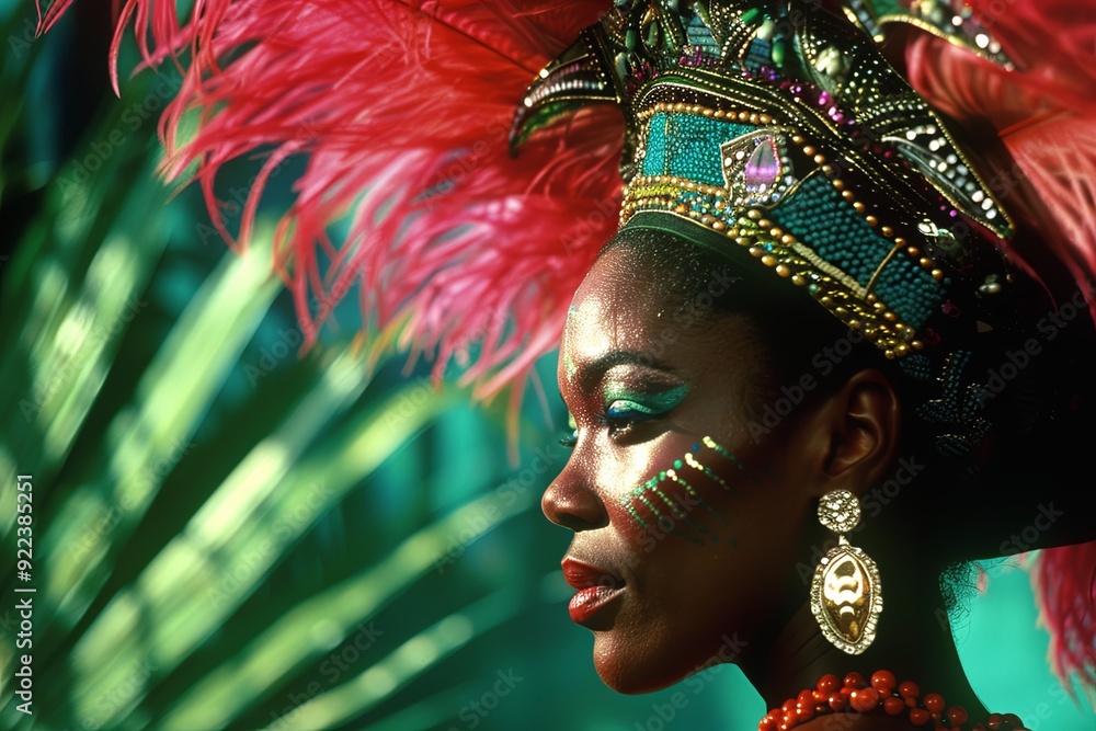 A woman in a brightly colored headdress with feathers and jewels looking off to the side. A woman in a brightly colored headdress with feathers and jewels looking off to the side.