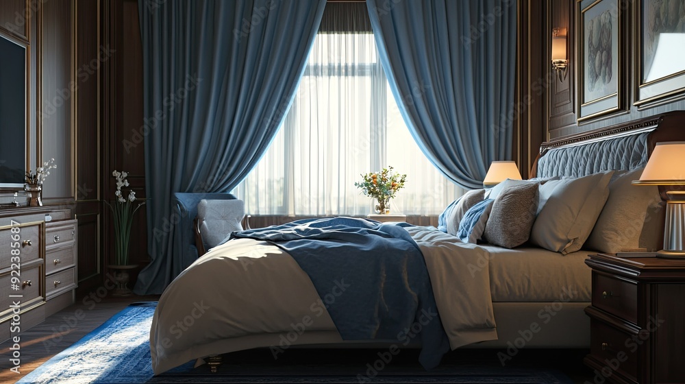 A bedroom with a big, comfortable bed and rich blue curtains, offering a perfect retreat for relaxation. A bedroom with a big, comfortable bed and rich blue curtains, offering a perfect retreat for relaxation.