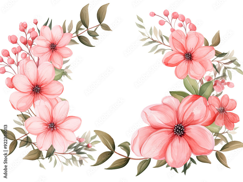 Magnificent Round frame shape Watercolor pink flowers and green leaves frame card Magnificent Round frame shape Watercolor pink flowers and green leaves frame card