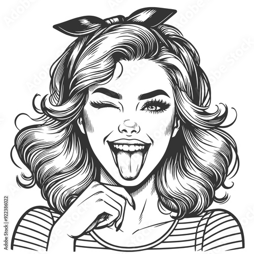 woman playfully winking and sticking out her tongue, exuding charm and humor sketch engraving generative ai fictional character vector illustration. Scratch board imitation. Black and white image.