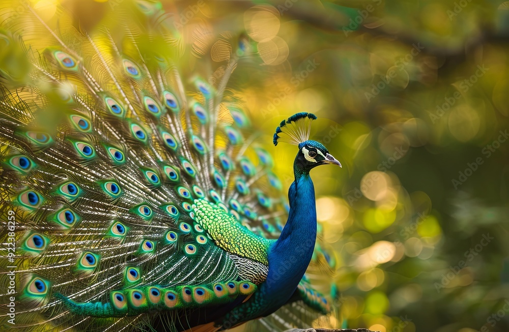 A peacock with its feathers spread out in a display of iridescent colors, with a blurred background of foliage. A peacock with its feathers spread out in a display of iridescent colors, with a blurred background of foliage.
