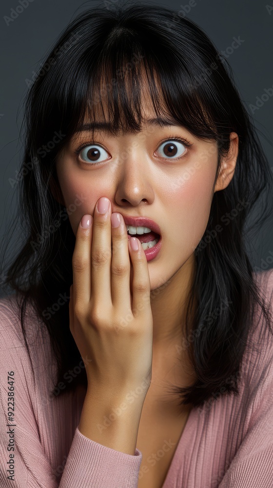 A young woman looks astonished, hand to mouth in disbelief or shock A young woman looks astonished, hand to mouth in disbelief or shock