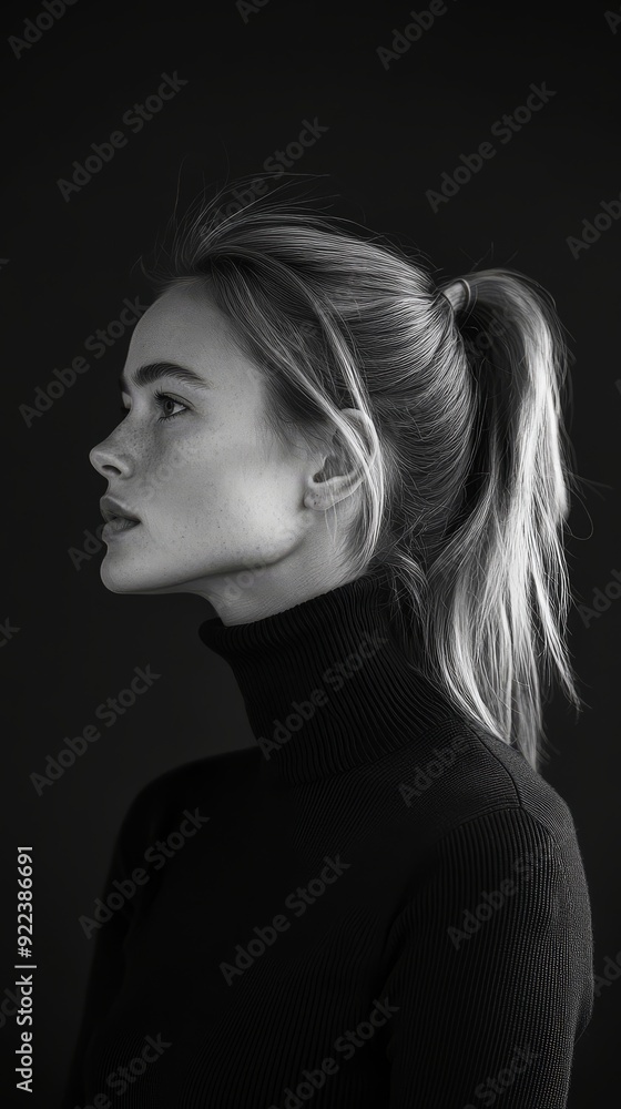 A woman gazes thoughtfully into the distance, illuminated by gentle light A woman gazes thoughtfully into the distance, illuminated by gentle light