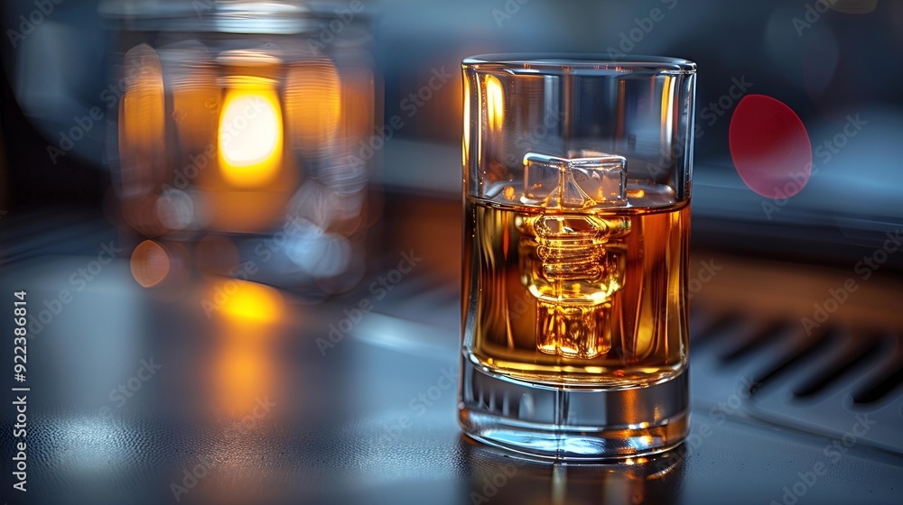 A glass of whiskey rests elegantly on a polished table. A glass of whiskey rests elegantly on a polished table.