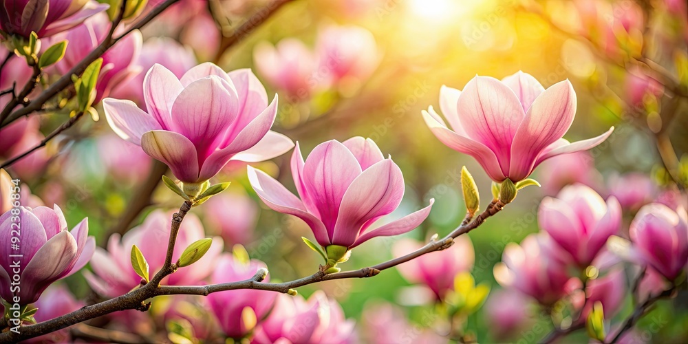 Obraz premium Pink magnolia flowers blooming in a spring garden, Spring, pink, magnolia, flowers, blooming, garden, nature, seasonal, petals