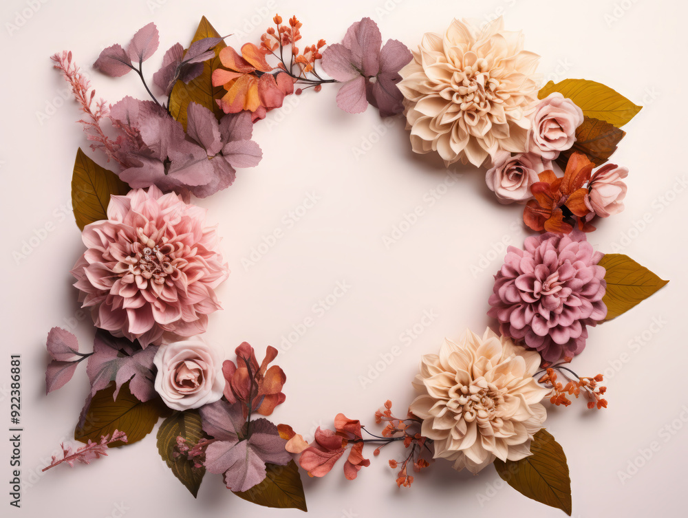 Bright Top view of round flower frame with leaves and copy space isolated on white background Bright Top view of round flower frame with leaves and copy space isolated on white background