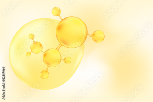 Gold oil or collagen molecule formula, with gold liquid particles, bubbles pattern. Hyaluronic acid serum chemical formula background with copy space. Beauty treatment nutrition.