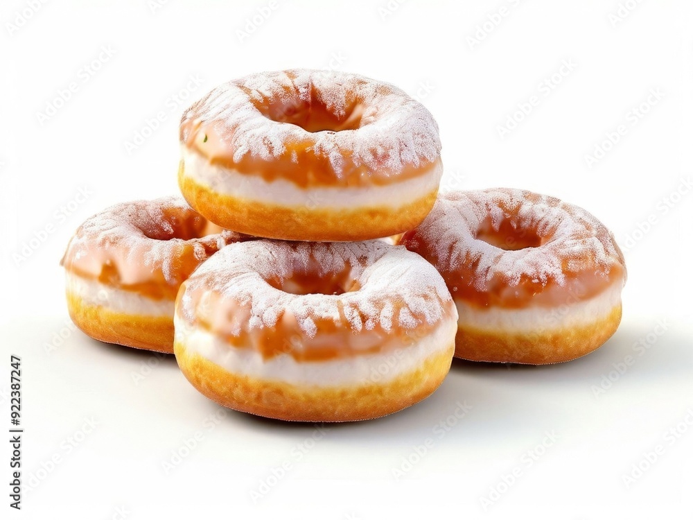 A tempting stack freshly baked glazed donuts with white icing sits on a white background. AI generated. A tempting stack freshly baked glazed donuts with white icing sits on a white background. AI generated.