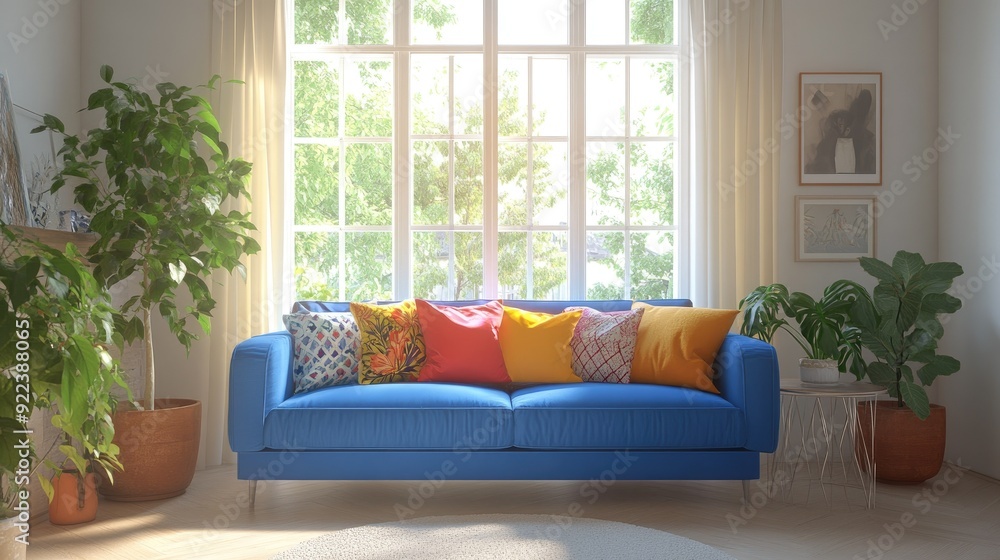 A bright and airy room with a blue couch, vibrant pillows, and a large window, creating a welcoming atmosphere. A bright and airy room with a blue couch, vibrant pillows, and a large window, creating a welcoming atmosphere.