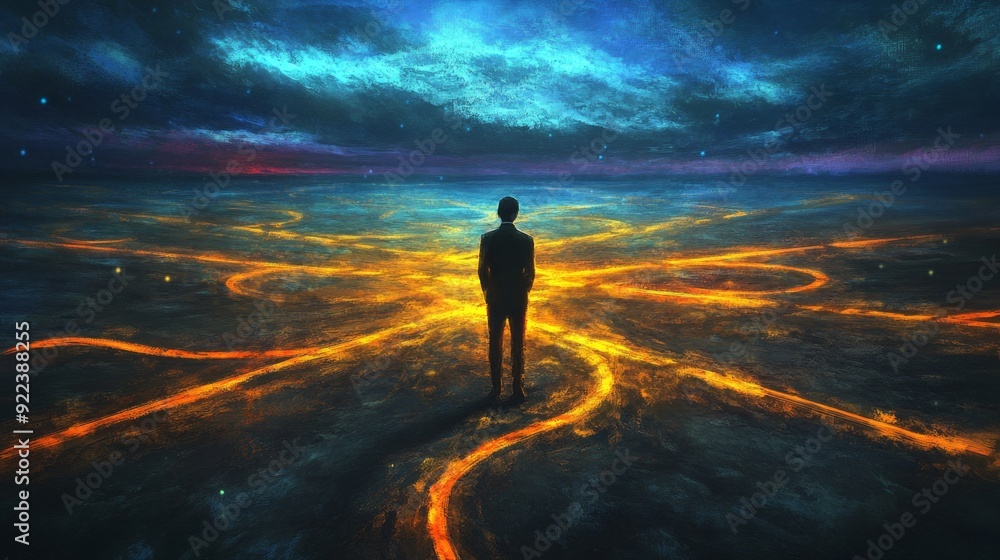 A person standing at a crossroads, illuminated by multiple paths, each representing a unique solution to a challenge