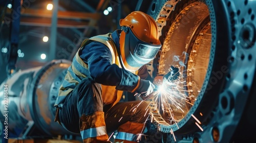 A wind turbine worker welding parts on a turbine structure photo