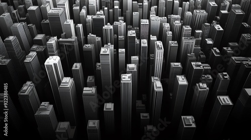 Dense urban skyline pattern, varied architecture, monochrome dark gray, topdown view, crisp lines photo