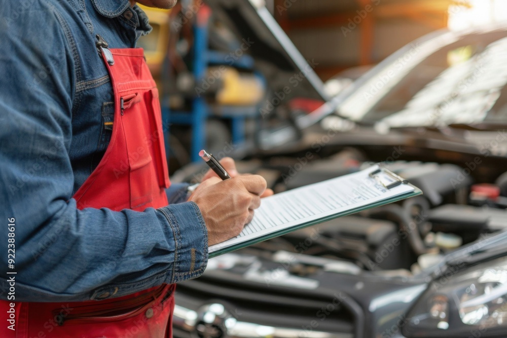 Obraz premium Closeup car repairman writing job checklist on clipboard and standing in front of open car engine