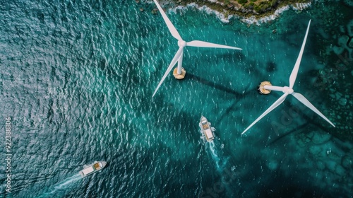 Aerial view of offshore wind turbines with boats nearby