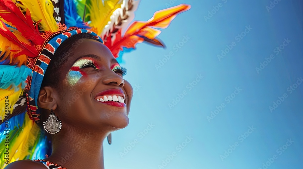 Naklejka premium A woman wearing a colorful feathered headdress looks up and smiles against a blue sky.