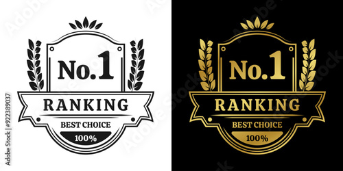Ranking award. No. 1 rank icon. First place emblem with laurel wreath. Number 1, Best choice label or badge. Vector illustration.
