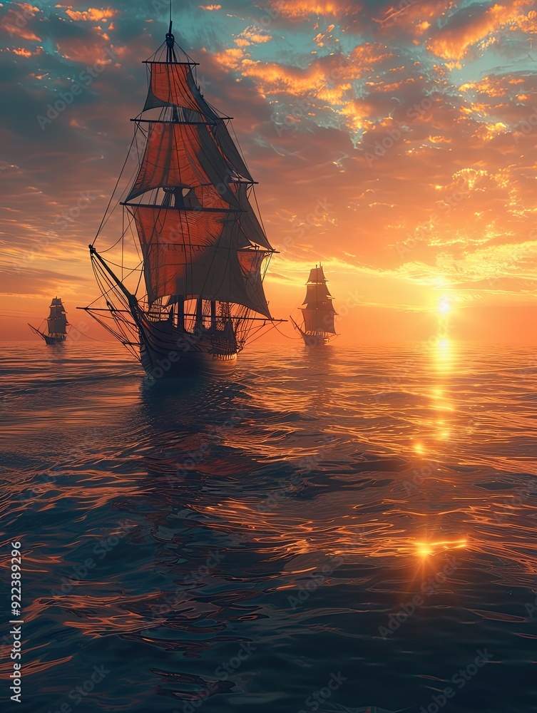 Fototapeta premium Scenic sunset over the ocean with sailboats sailing towards the horizon, highlighting the beauty of a tranquil sea voyage.